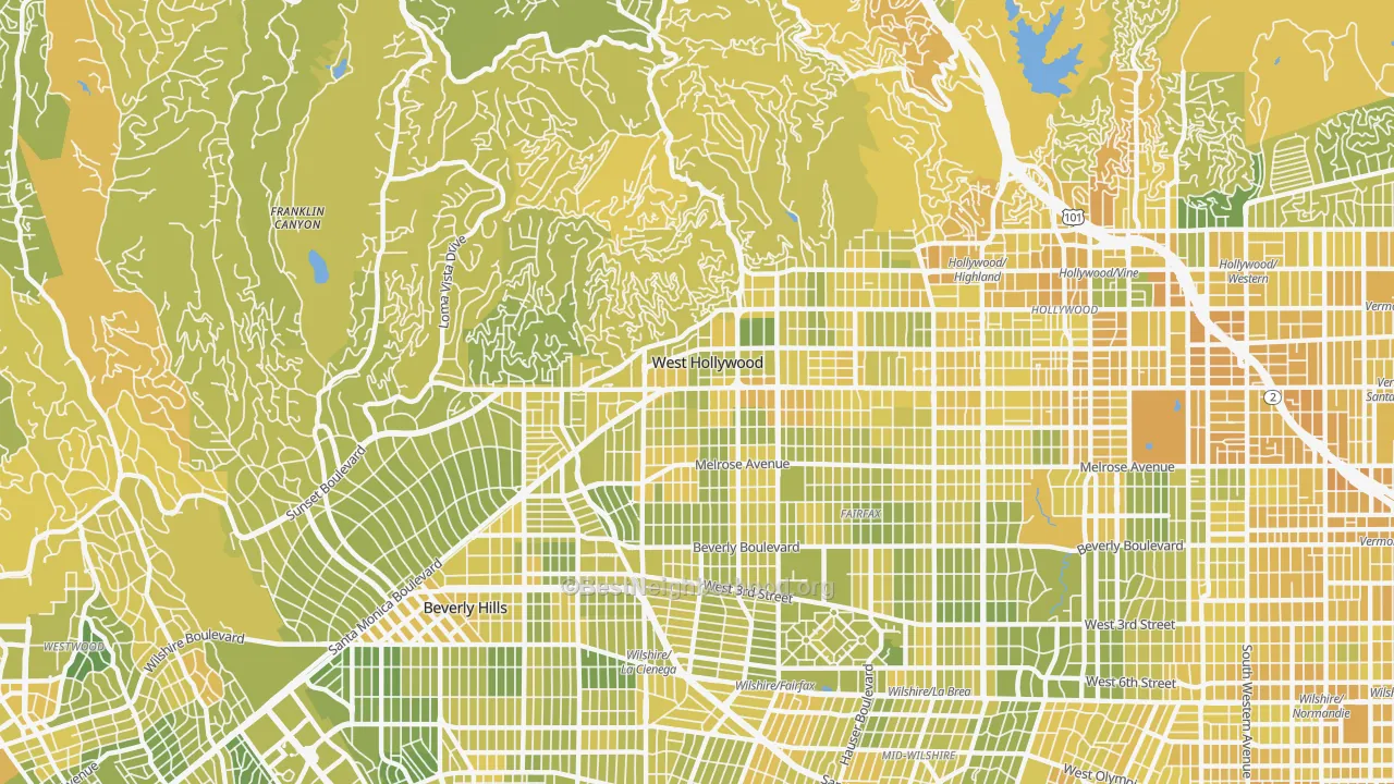 Map of the best neighborhoods in the West Hollywood area, with better matches in green and worse matches in red
