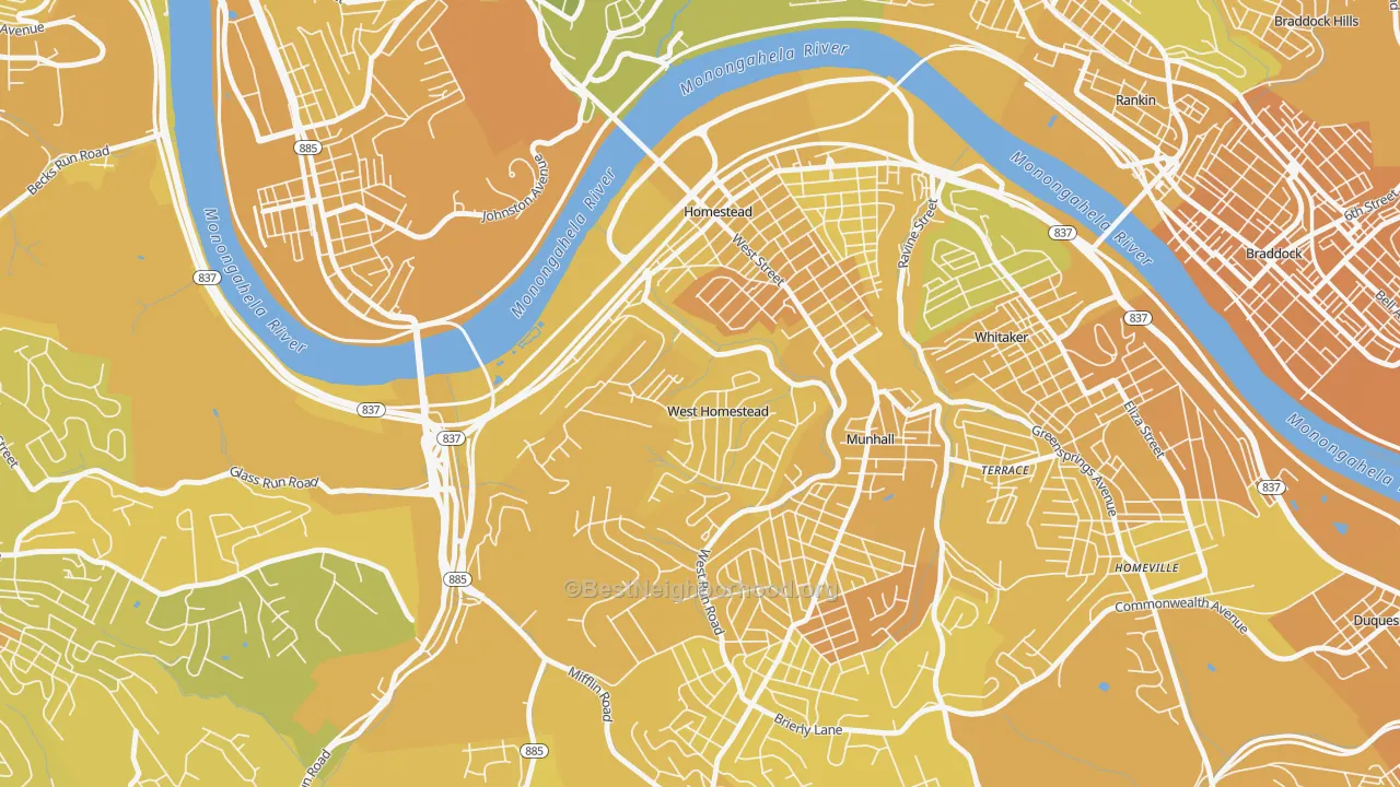 Map of the best neighborhoods in the West Homestead area, with better matches in green and worse matches in red