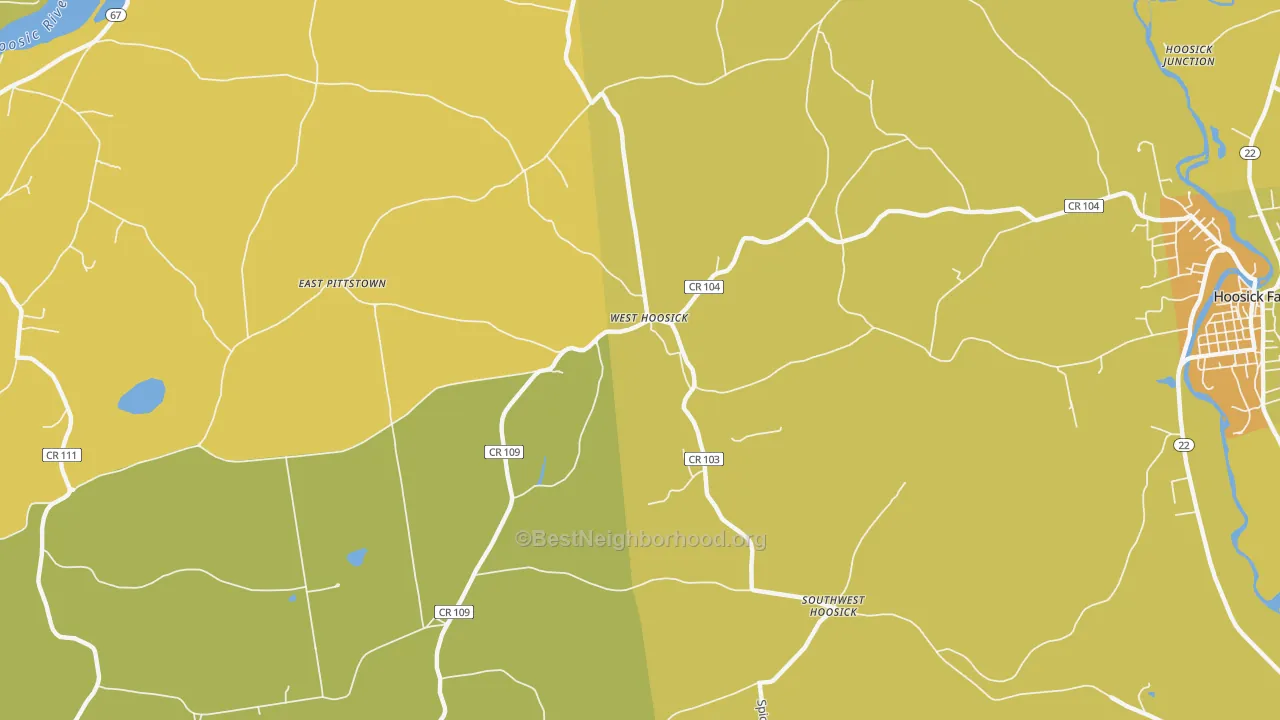 Map of the best neighborhoods in the West Hoosick area, with better matches in green and worse matches in red