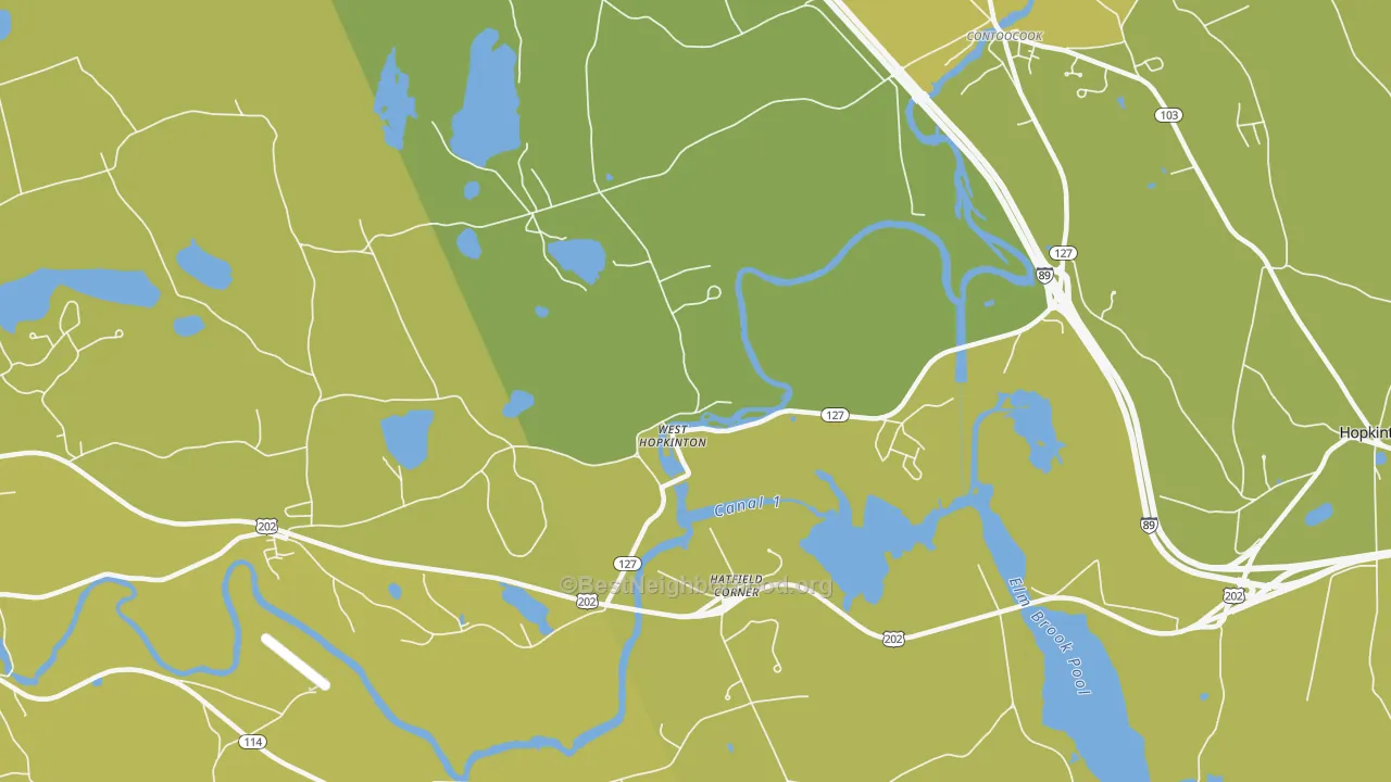 Map of the best neighborhoods in the West Hopkinton area, with better matches in green and worse matches in red