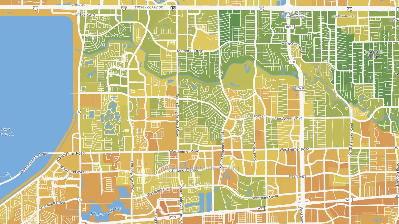 Map of the best neighborhoods in the West Houston, Houston area, with better matches in green and worse matches in red