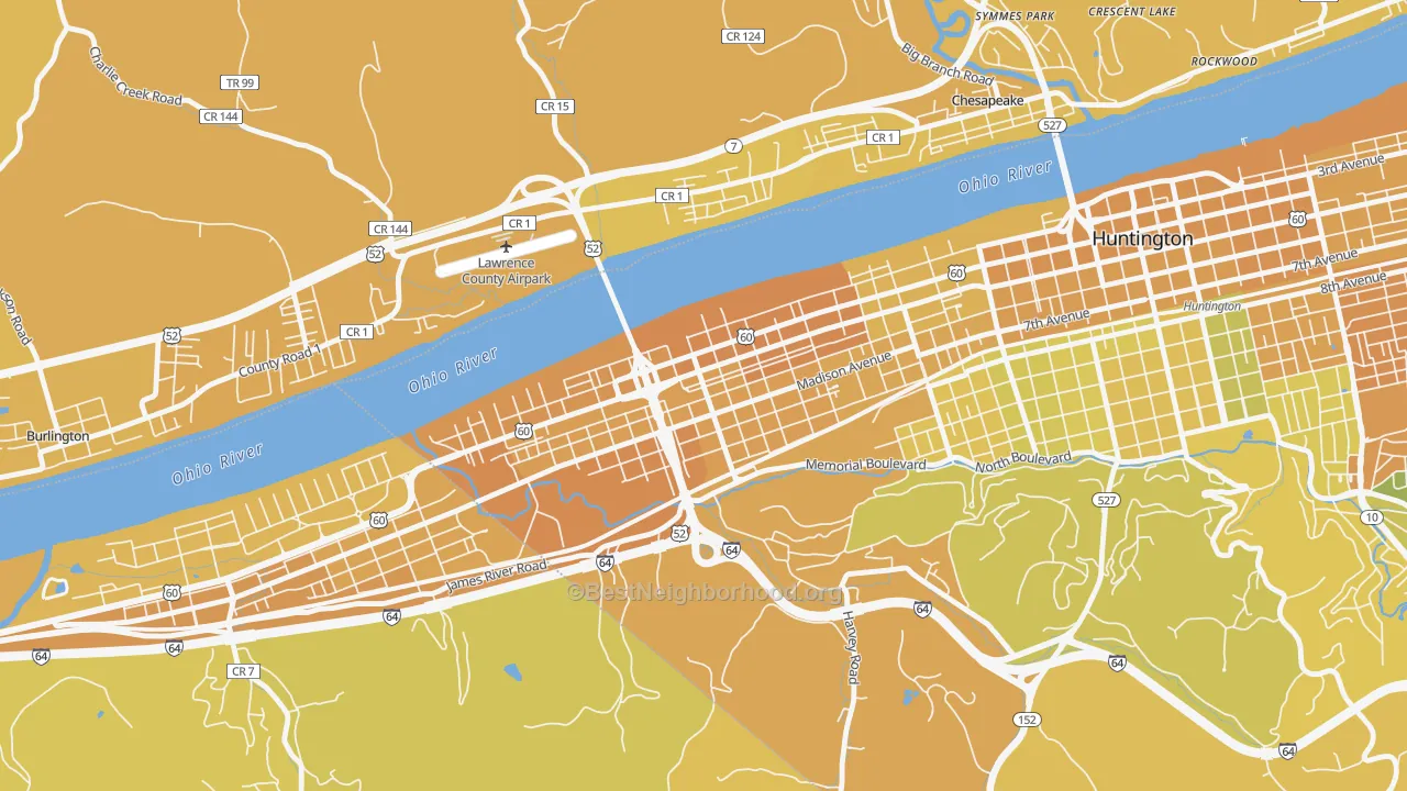 Map of the best neighborhoods in the West Huntington, Huntington area, with better matches in green and worse matches in red