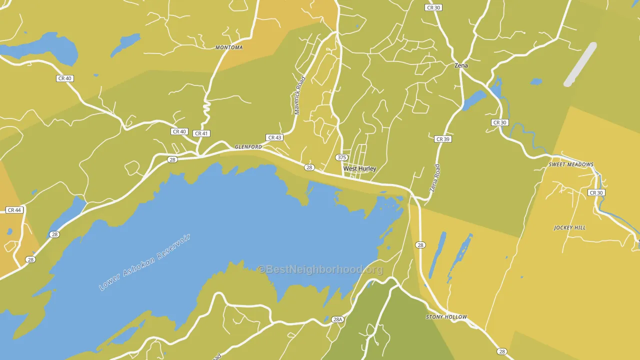 Map of the best neighborhoods in the West Hurley area, with better matches in green and worse matches in red