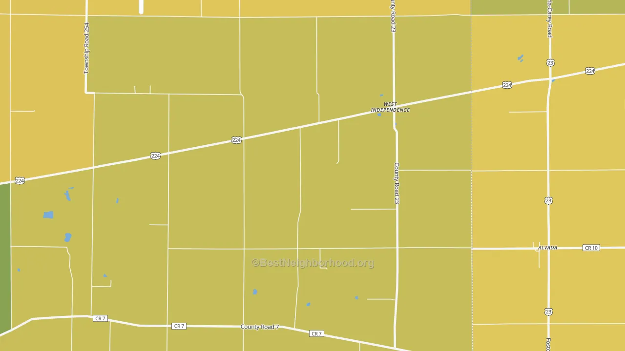 Map of the best neighborhoods in the West Independence area, with better matches in green and worse matches in red