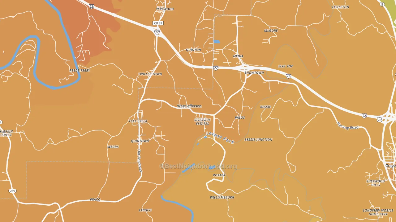 Map of the best neighborhoods in the West Jefferson area, with better matches in green and worse matches in red