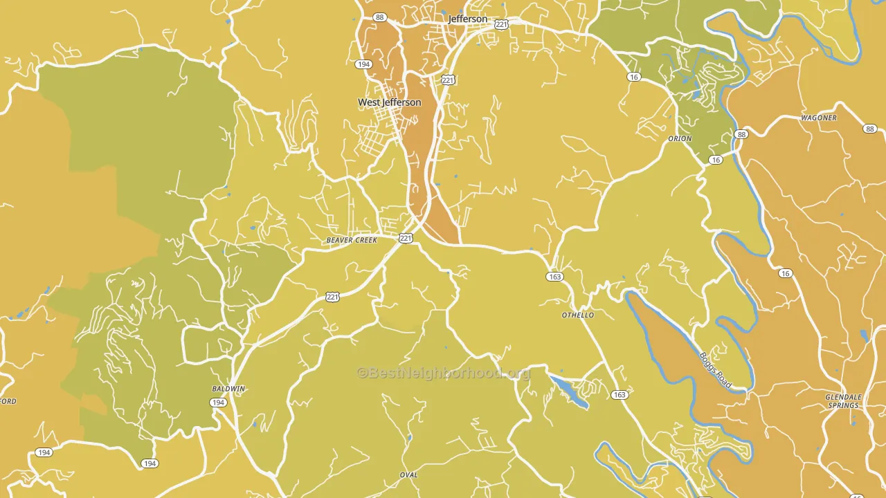 Map of the best neighborhoods in the West Jefferson area, with better matches in green and worse matches in red