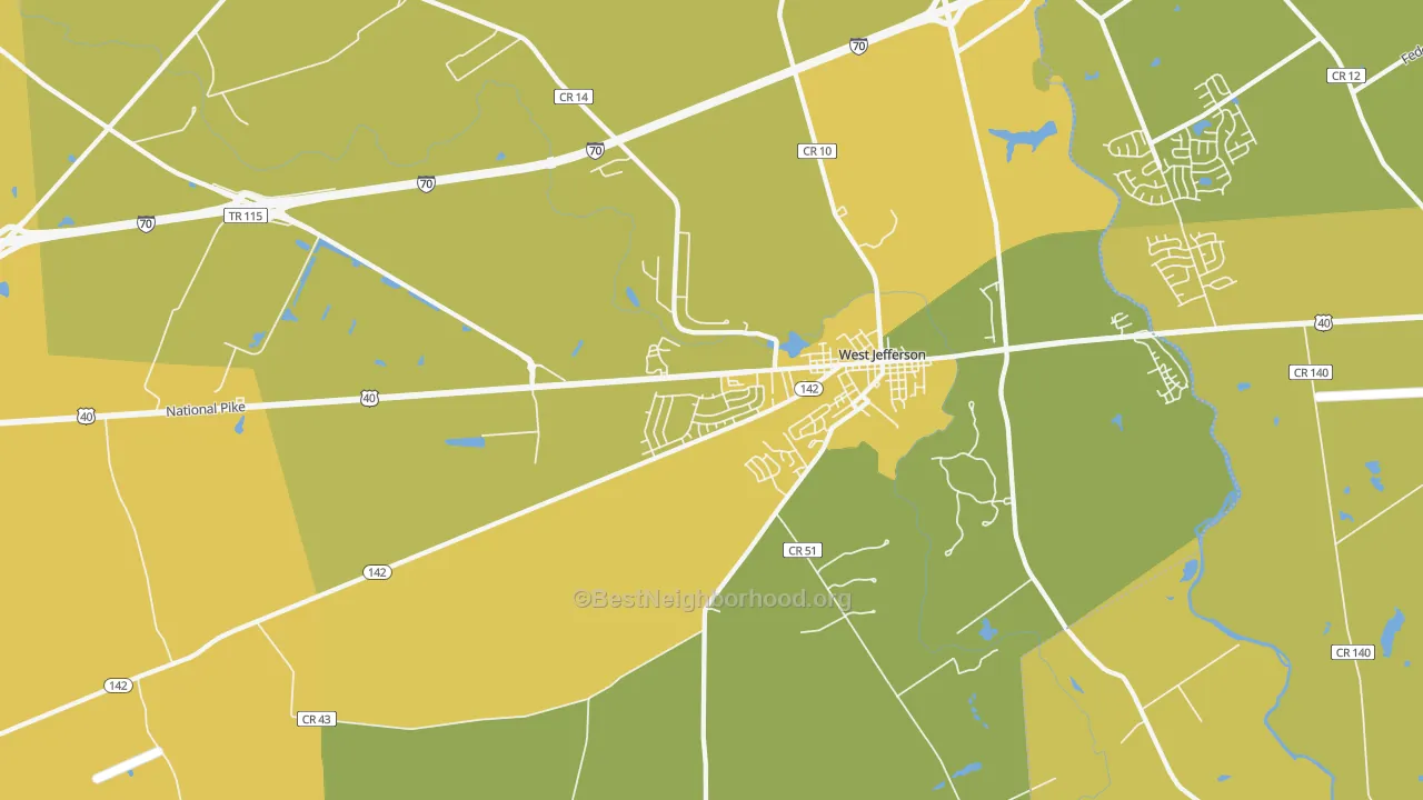 Map of the best neighborhoods in the West Jefferson area, with better matches in green and worse matches in red