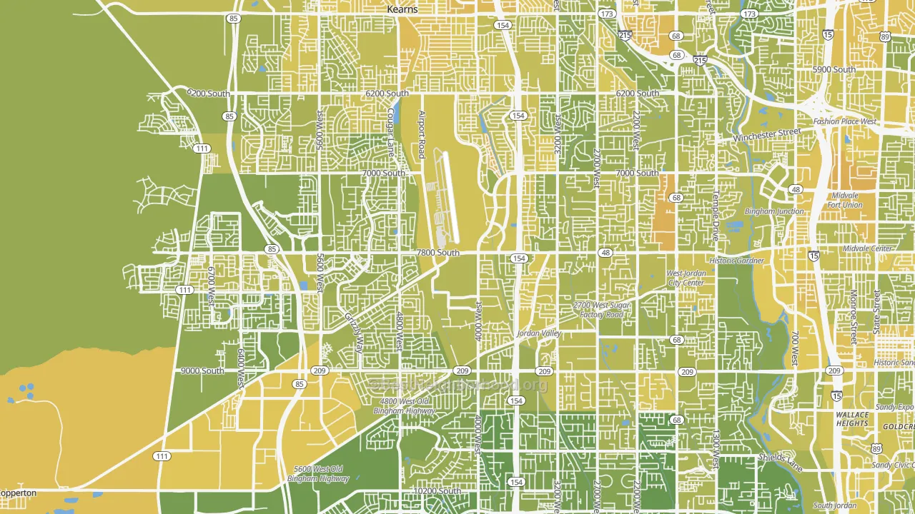 Map of the best neighborhoods in the West Jordan area, with better matches in green and worse matches in red