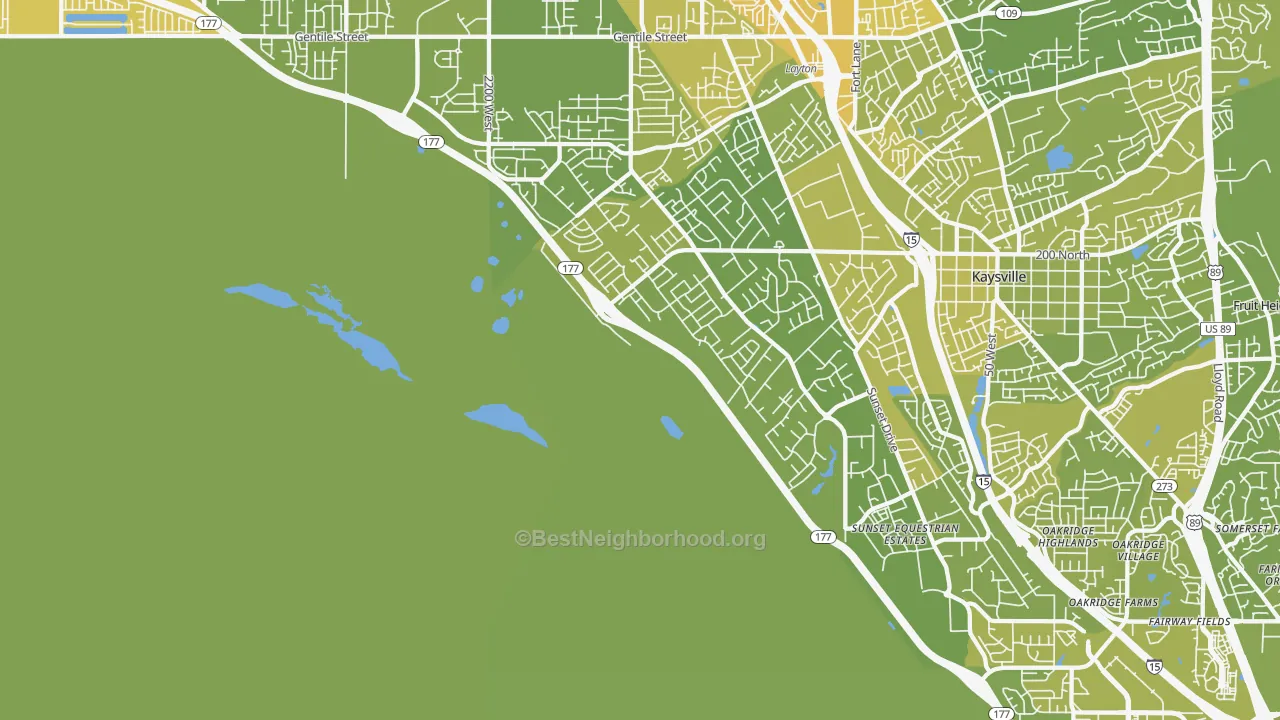 Map of the best neighborhoods in the West Kaysville area, with better matches in green and worse matches in red