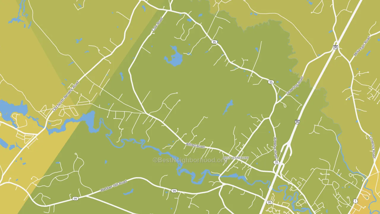 Map of the best neighborhoods in the West Kennebunk area, with better matches in green and worse matches in red