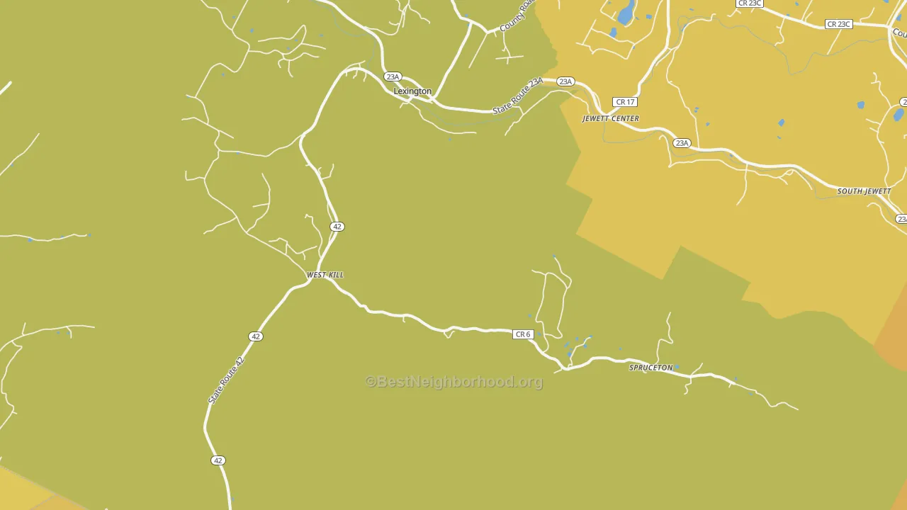 Map of the best neighborhoods in the West Kill area, with better matches in green and worse matches in red