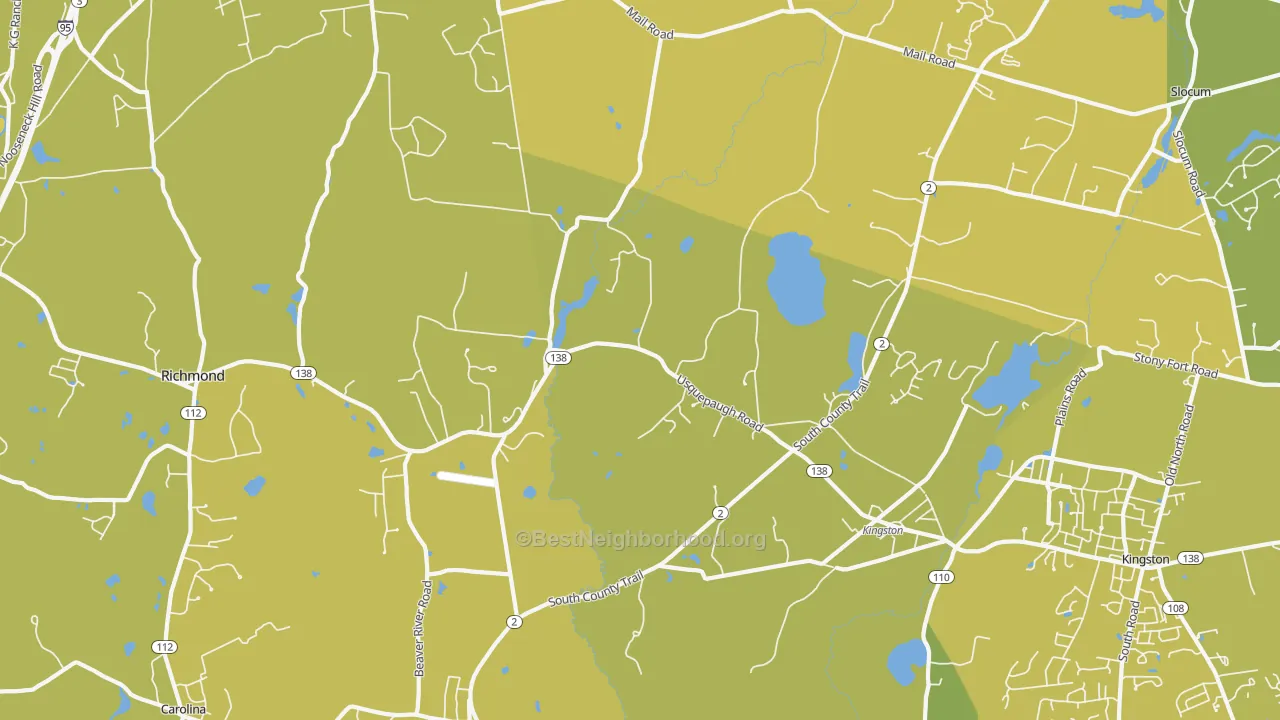 Map of the best neighborhoods in the West Kingston area, with better matches in green and worse matches in red