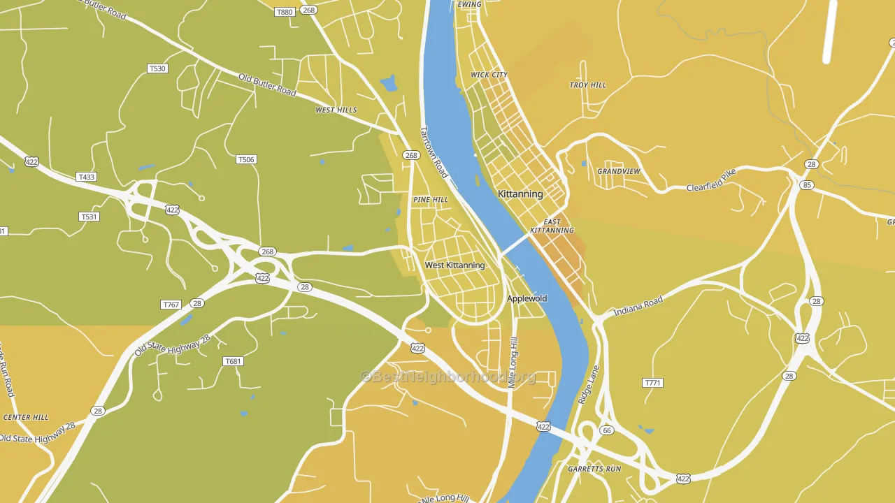 Map of the best neighborhoods in the West Kittanning area, with better matches in green and worse matches in red