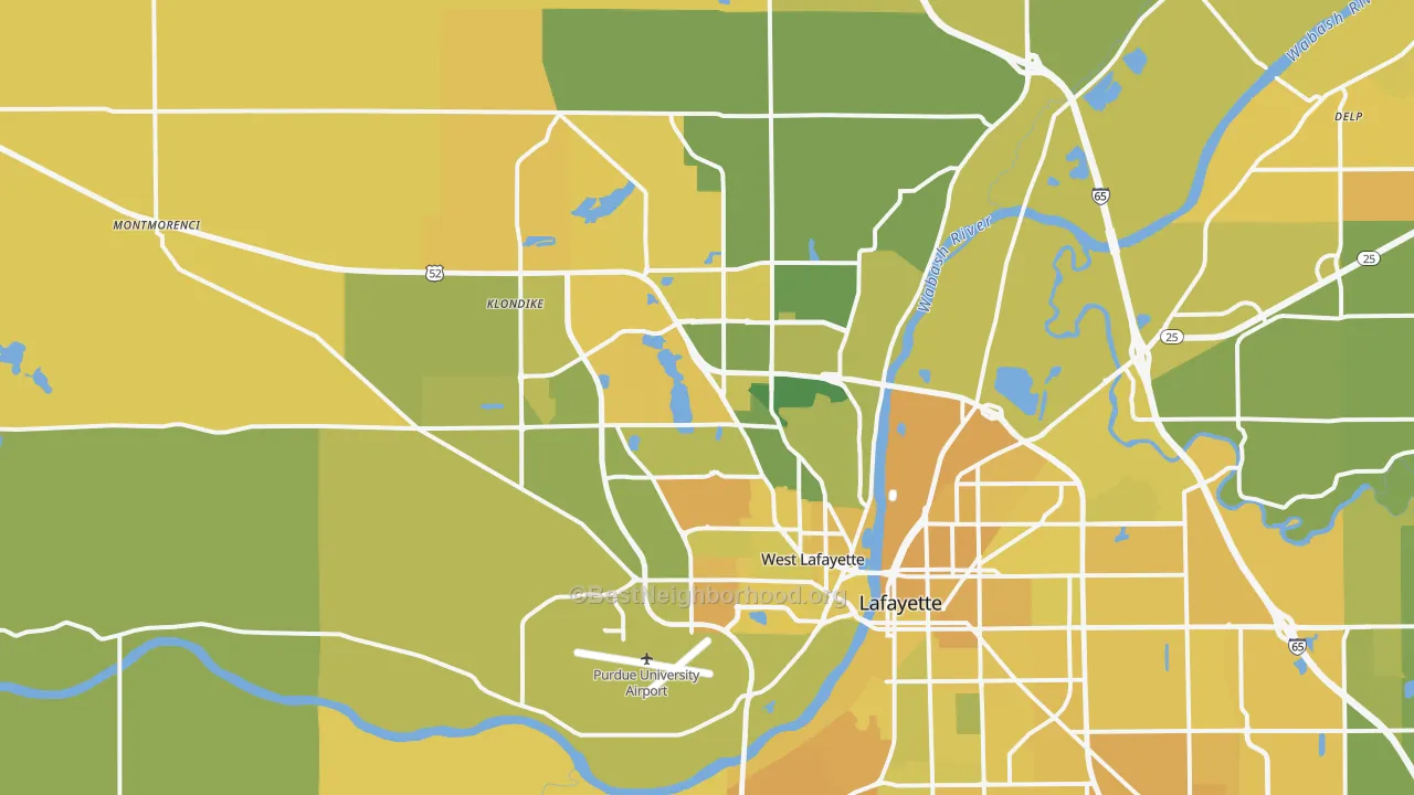 Map of the best neighborhoods in the West Lafayette area, with better matches in green and worse matches in red