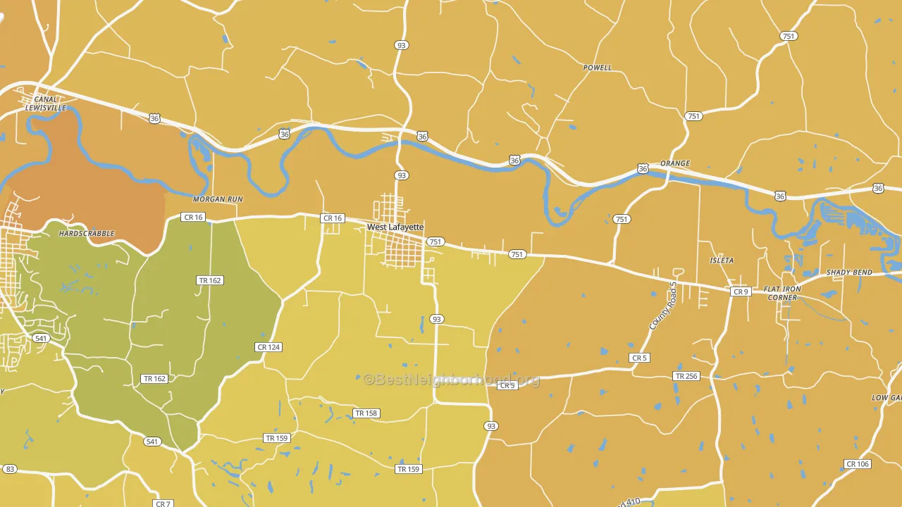 Map of the best neighborhoods in the West Lafayette area, with better matches in green and worse matches in red