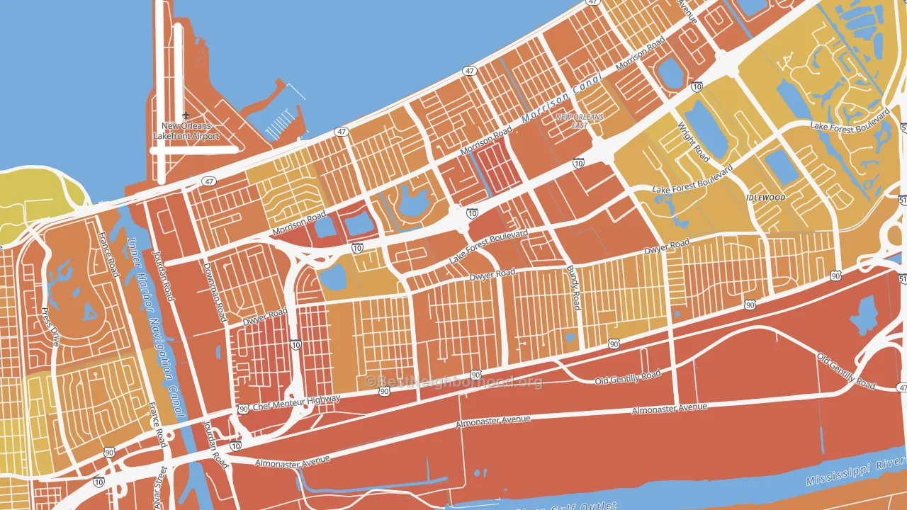 Map of the best neighborhoods in the West Lake Forest, New Orleans area, with better matches in green and worse matches in red