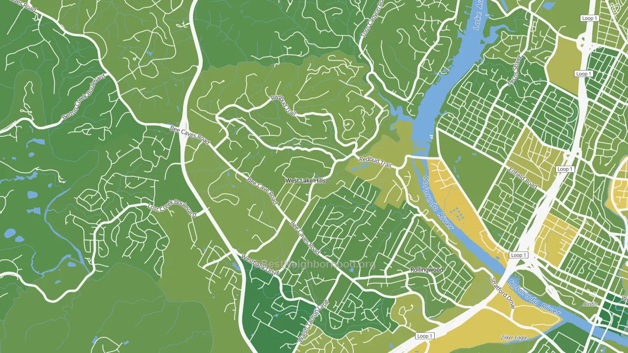 Map of the best neighborhoods in the West Lake Hills area, with better matches in green and worse matches in red