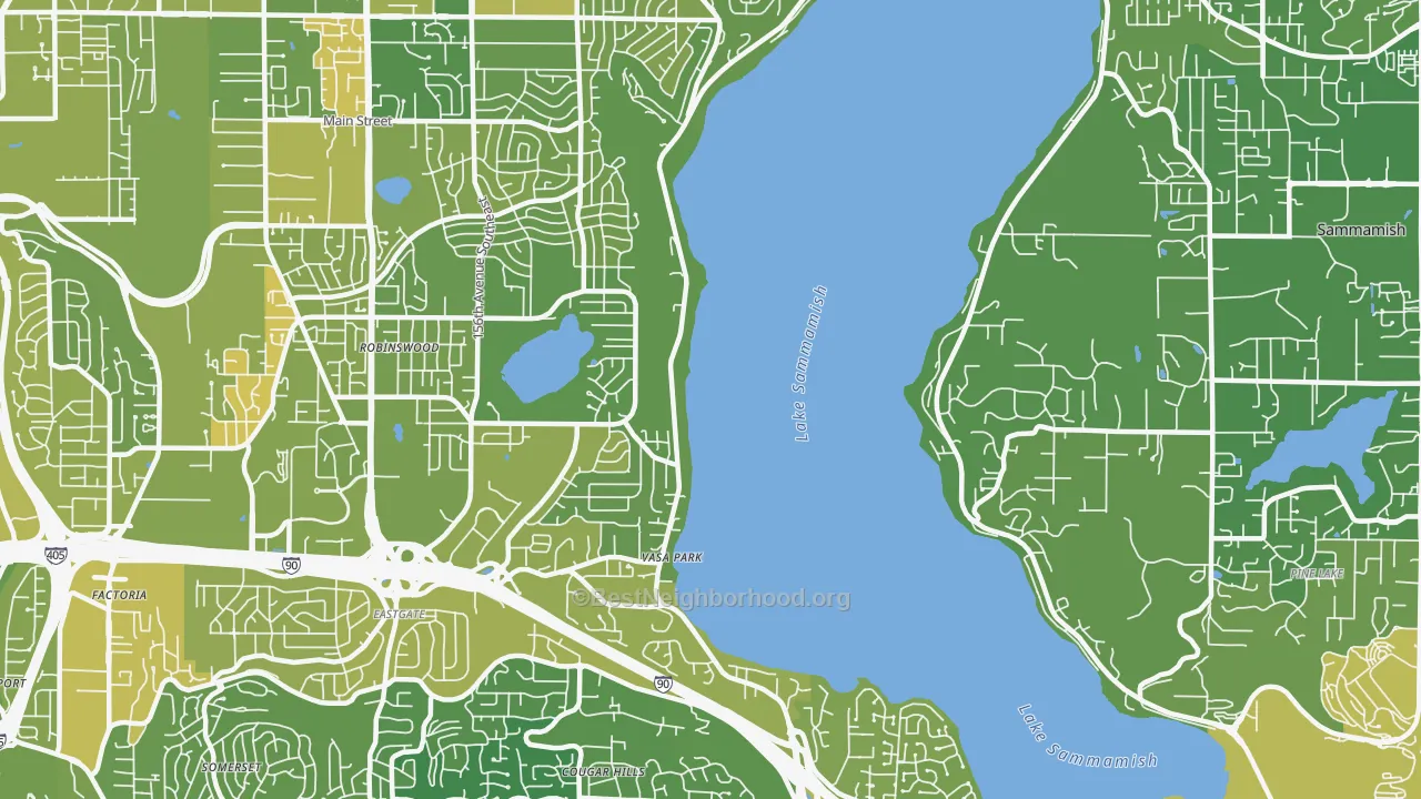 Map of the best neighborhoods in the West Lake Sammamish, Bellevue area, with better matches in green and worse matches in red