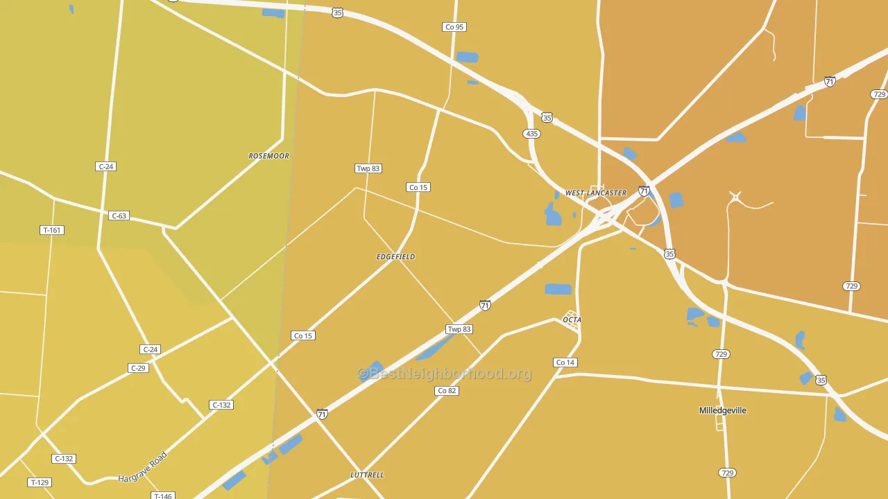 Map of the best neighborhoods in the West Lancaster area, with better matches in green and worse matches in red