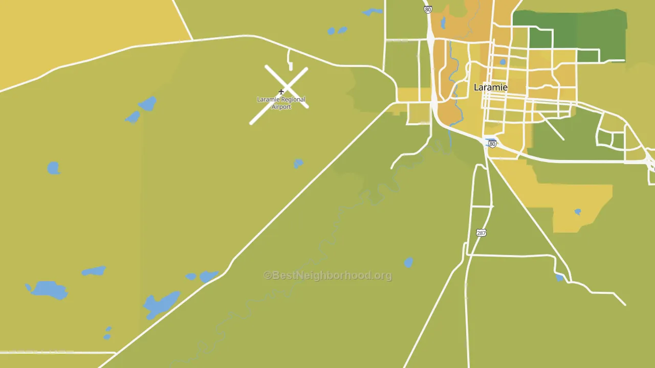 Map of the best neighborhoods in the West Laramie area, with better matches in green and worse matches in red