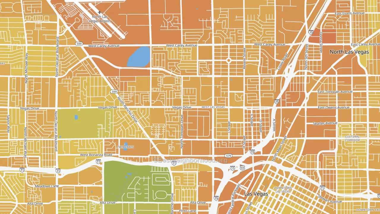 Map of the best neighborhoods in the West Las Vegas, Las Vegas area, with better matches in green and worse matches in red
