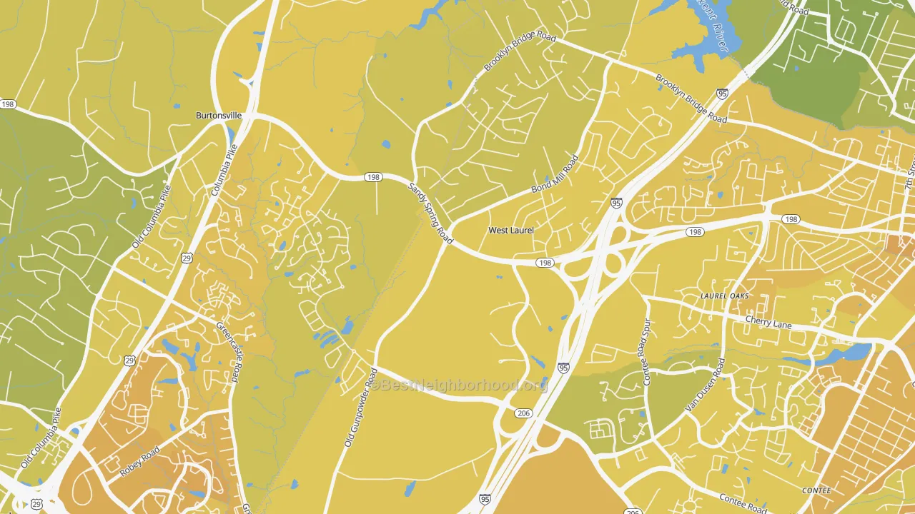 Map of the best neighborhoods in the West Laurel, Laurel area, with better matches in green and worse matches in red