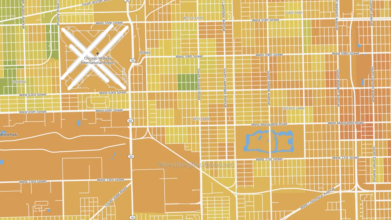 Map of the best neighborhoods in the West Lawn, Chicago area, with better matches in green and worse matches in red