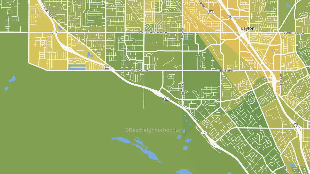 Map of the best neighborhoods in the West Layton area, with better matches in green and worse matches in red