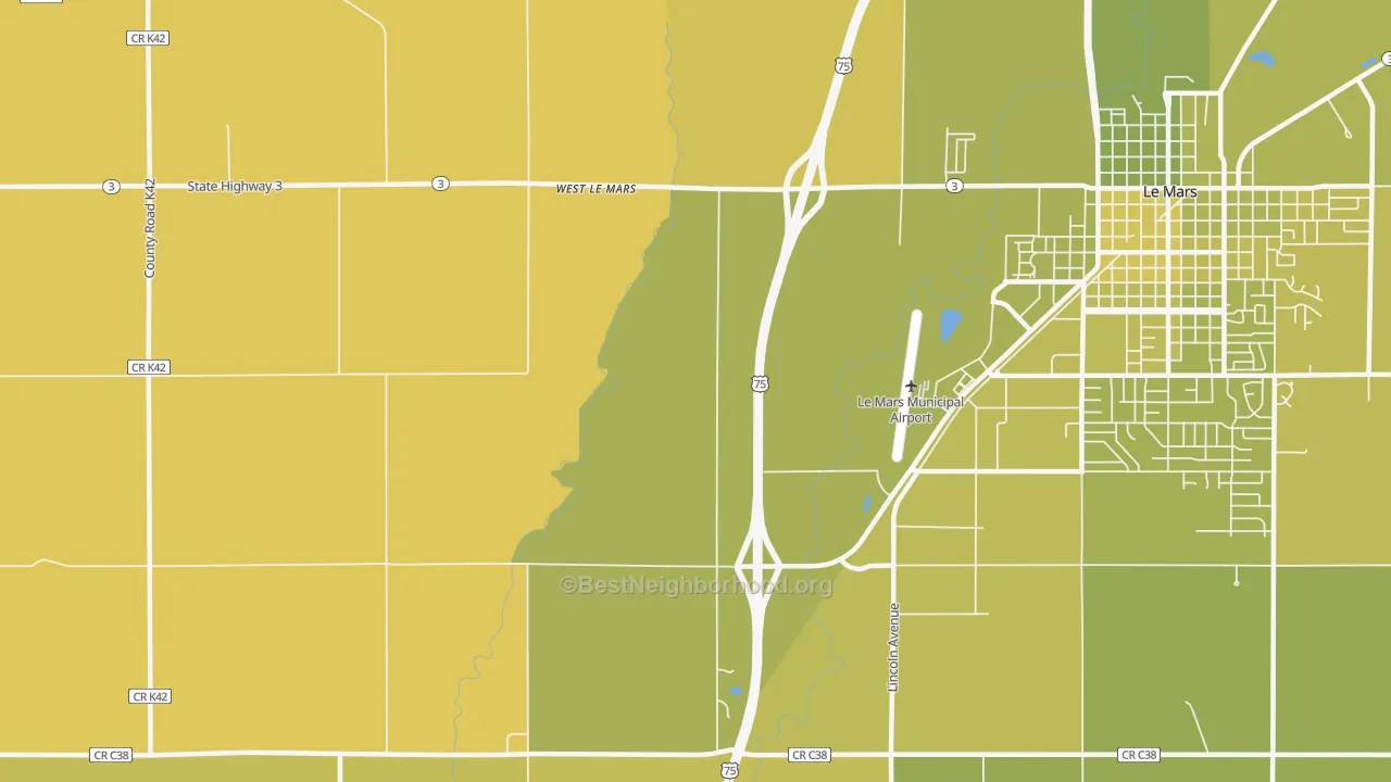 Map of the best neighborhoods in the West Le Mars area, with better matches in green and worse matches in red