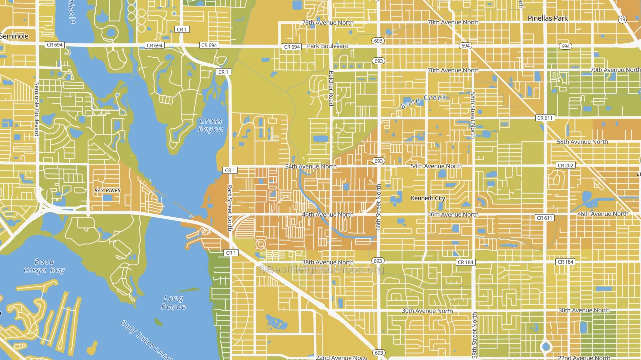 Map of the best neighborhoods in the West Lealman area, with better matches in green and worse matches in red