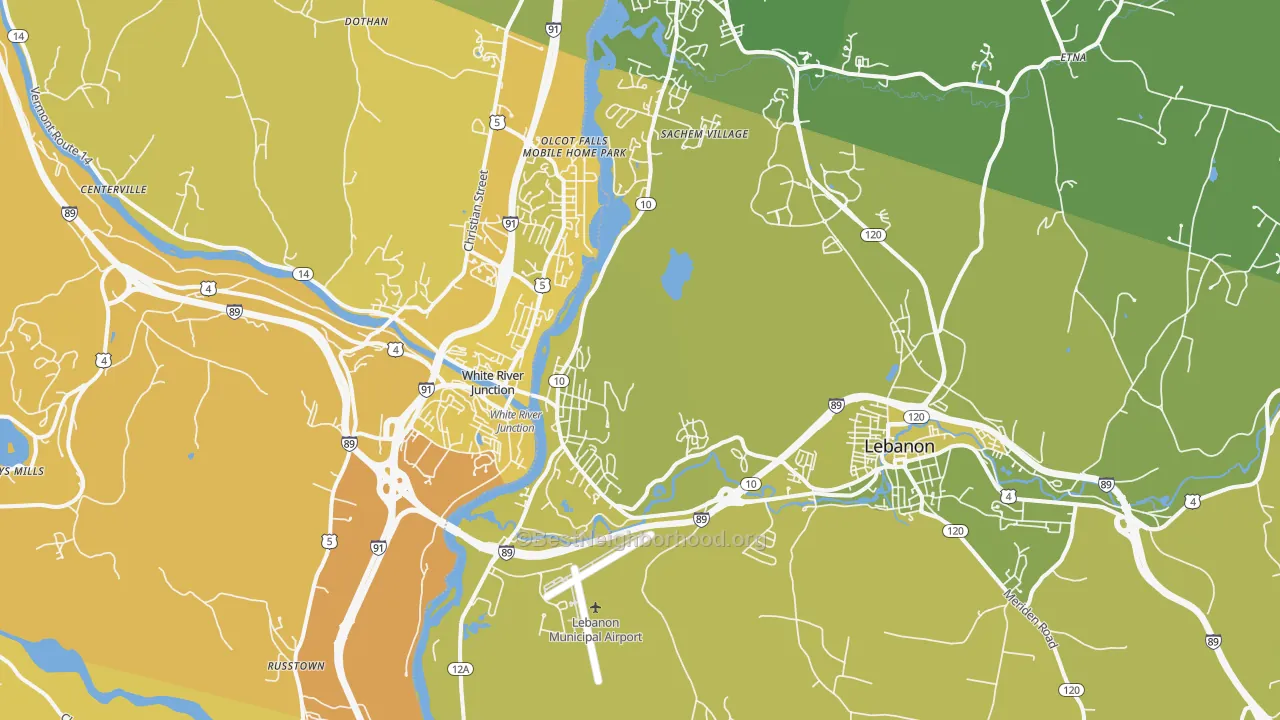 Map of the best neighborhoods in the West Lebanon area, with better matches in green and worse matches in red