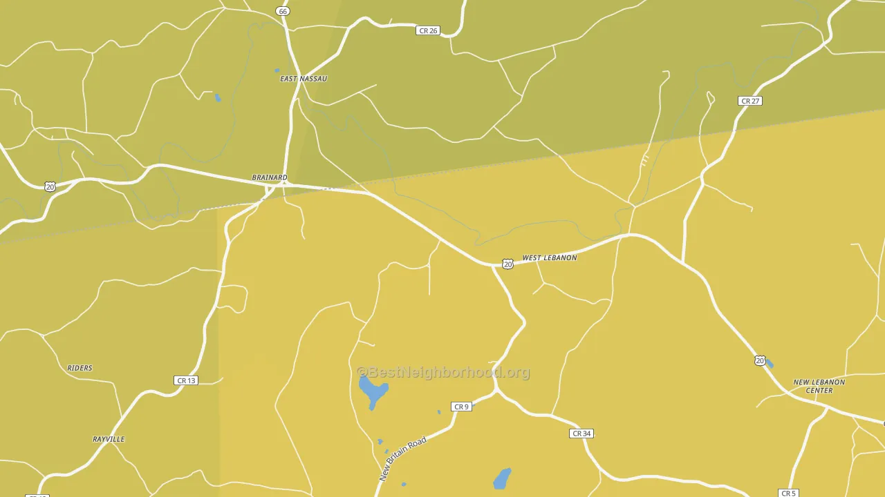 Map of the best neighborhoods in the West Lebanon area, with better matches in green and worse matches in red