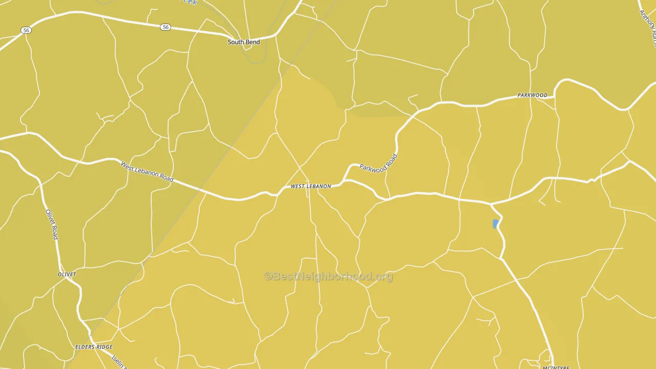 Map of the best neighborhoods in the West Lebanon area, with better matches in green and worse matches in red