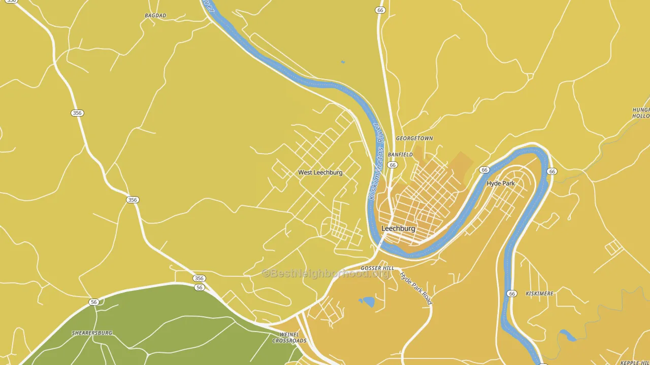 Map of the best neighborhoods in the West Leechburg area, with better matches in green and worse matches in red
