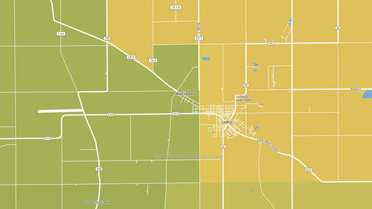Map of the best neighborhoods in the West Leipsic area, with better matches in green and worse matches in red