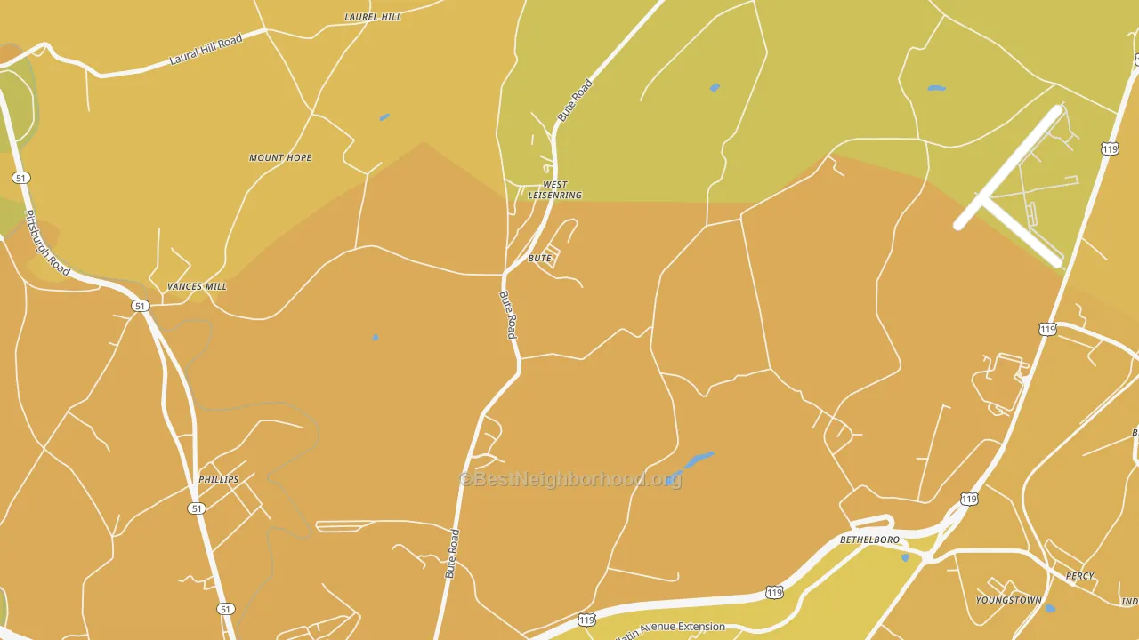Map of the best neighborhoods in the West Leisenring area, with better matches in green and worse matches in red
