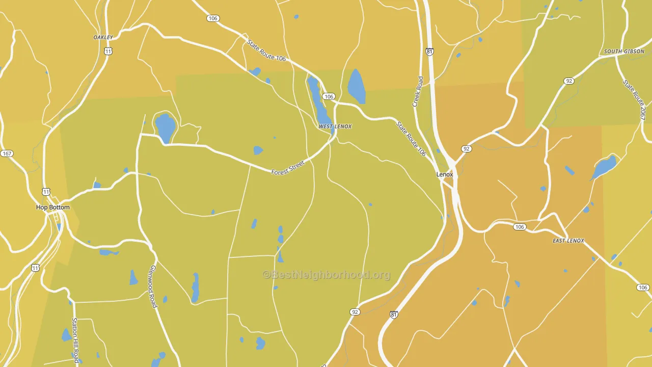 Map of the best neighborhoods in the West Lenox area, with better matches in green and worse matches in red