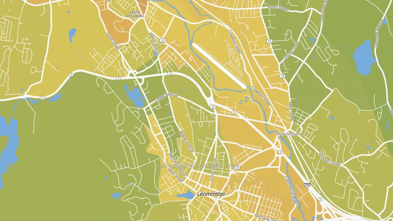 Map of the best neighborhoods in the West Leominster, Leominster area, with better matches in green and worse matches in red