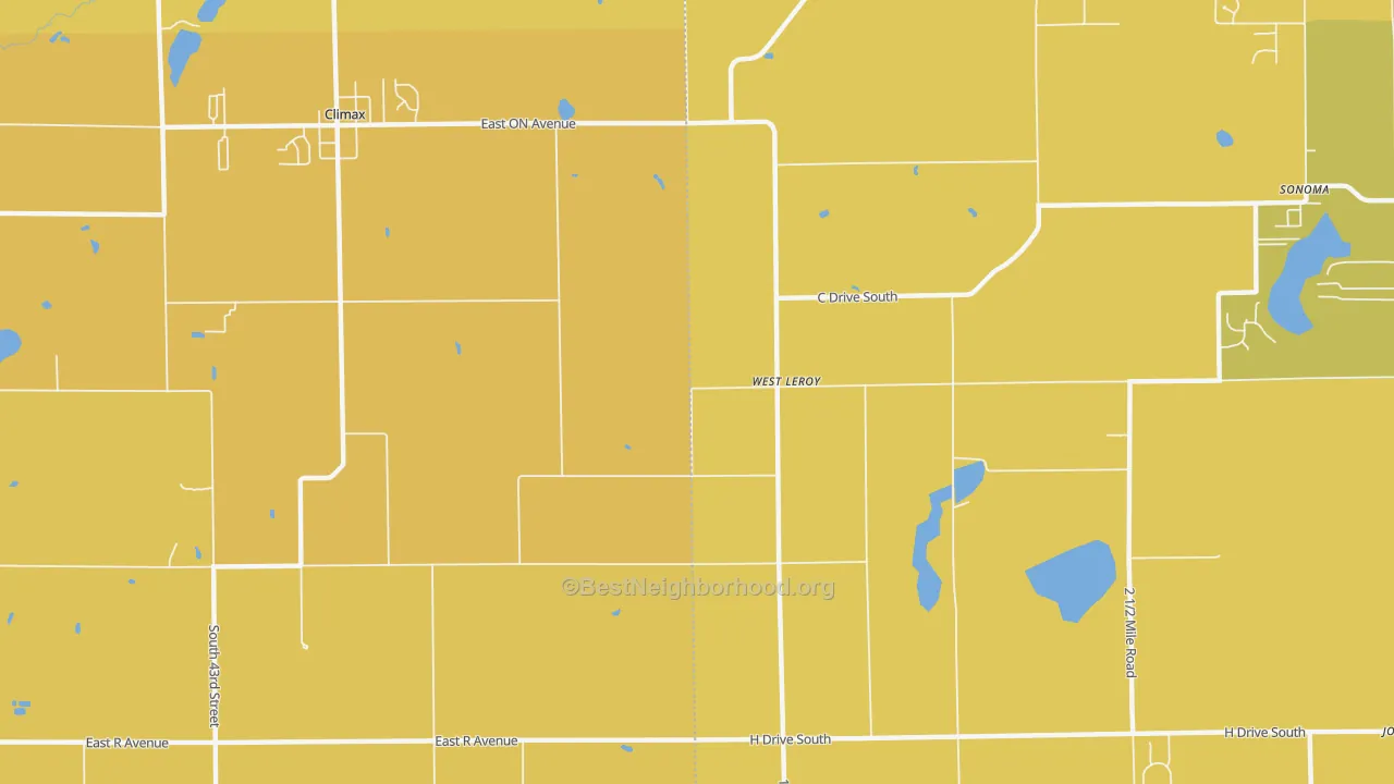 Map of the best neighborhoods in the West Leroy area, with better matches in green and worse matches in red