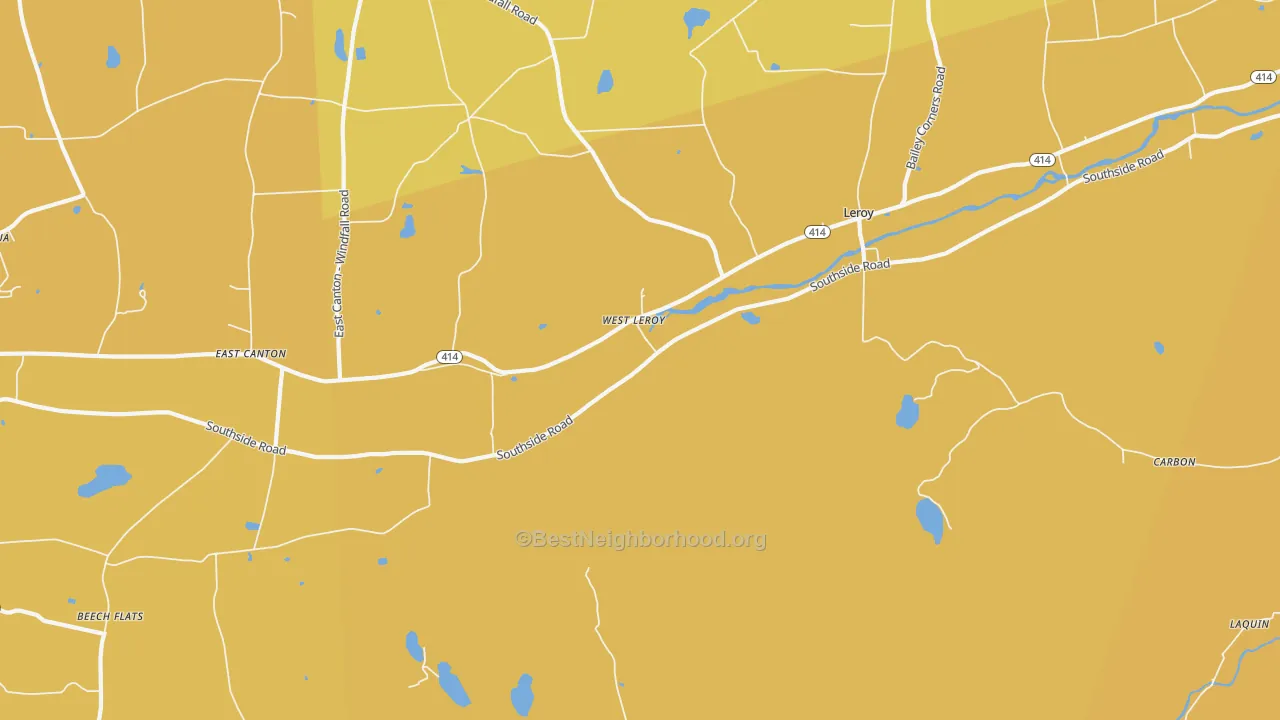 Map of the best neighborhoods in the West Leroy area, with better matches in green and worse matches in red
