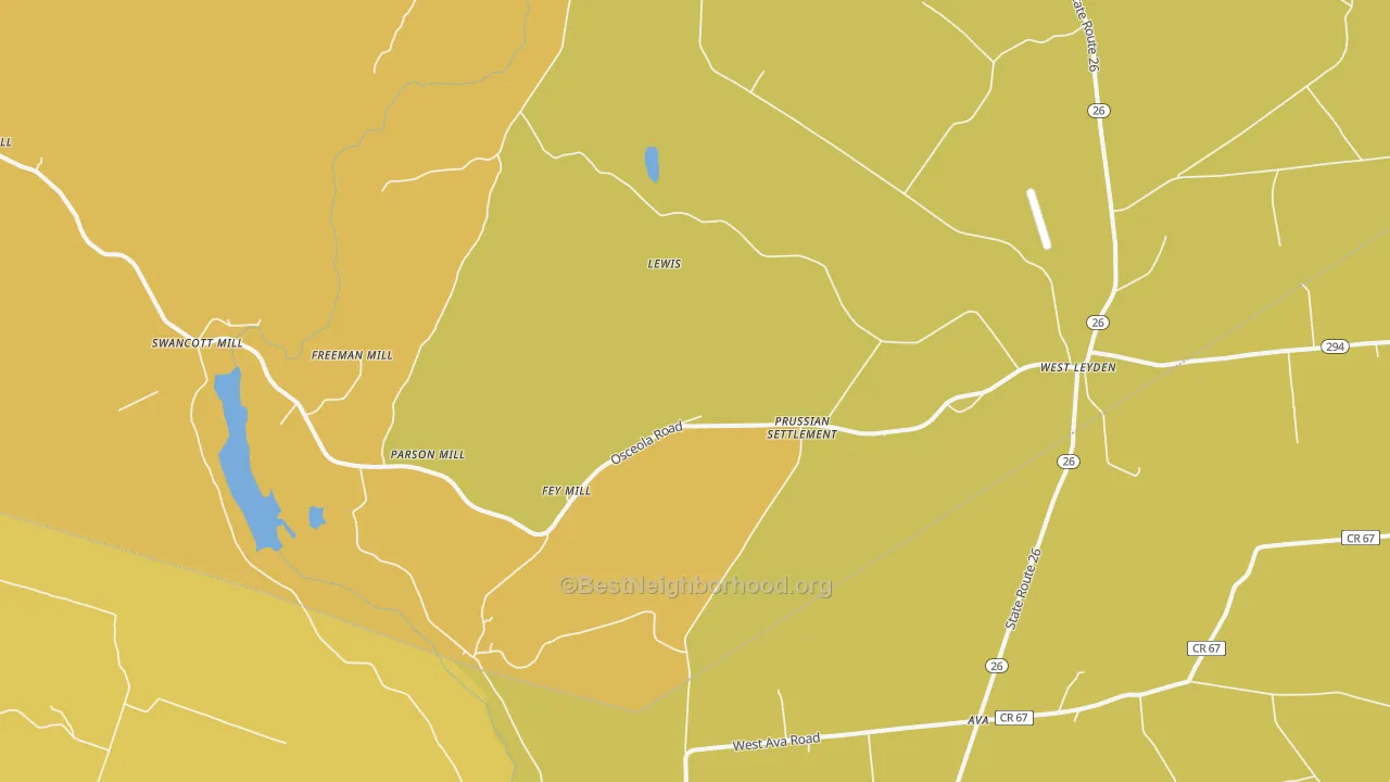 Map of the best neighborhoods in the West Leyden area, with better matches in green and worse matches in red