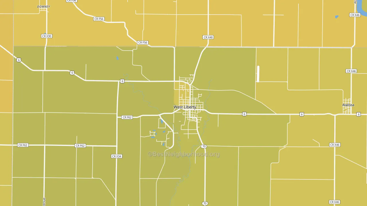 Map of the best neighborhoods in the West Liberty area, with better matches in green and worse matches in red