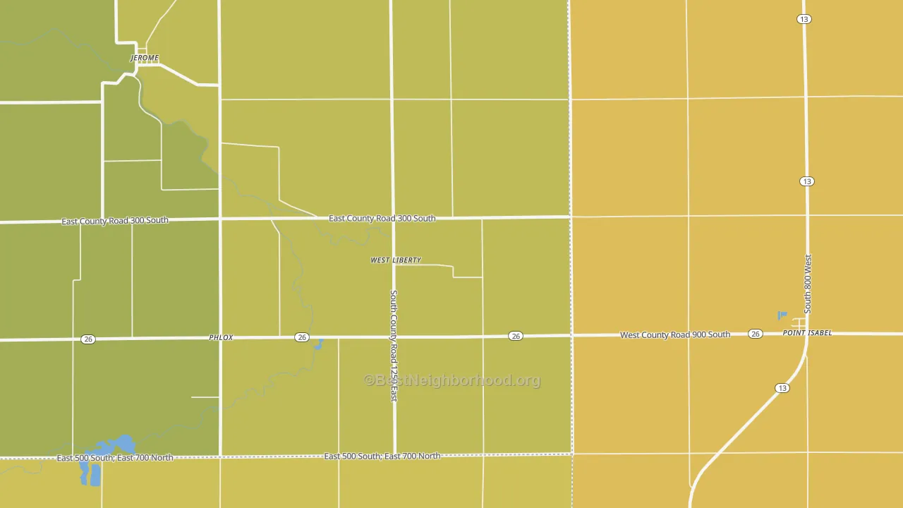 Map of the best neighborhoods in the West Liberty area, with better matches in green and worse matches in red