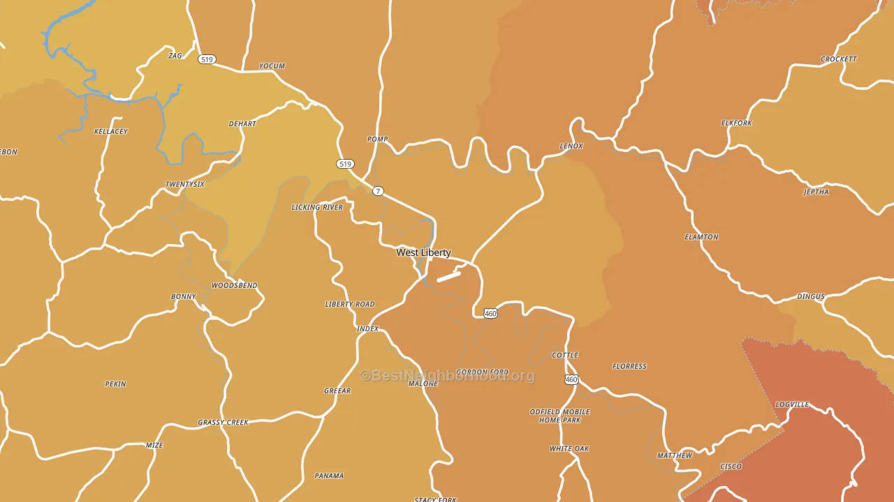 Map of the best neighborhoods in the West Liberty area, with better matches in green and worse matches in red