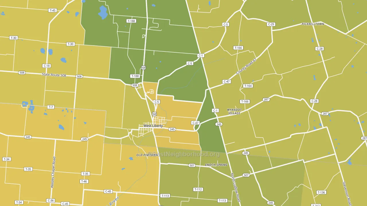 Map of the best neighborhoods in the West Liberty area, with better matches in green and worse matches in red