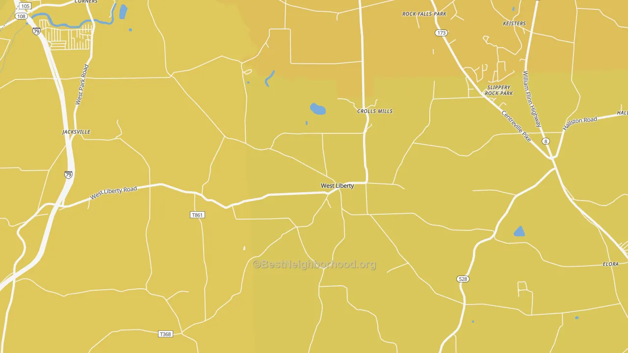 Map of the best neighborhoods in the West Liberty area, with better matches in green and worse matches in red