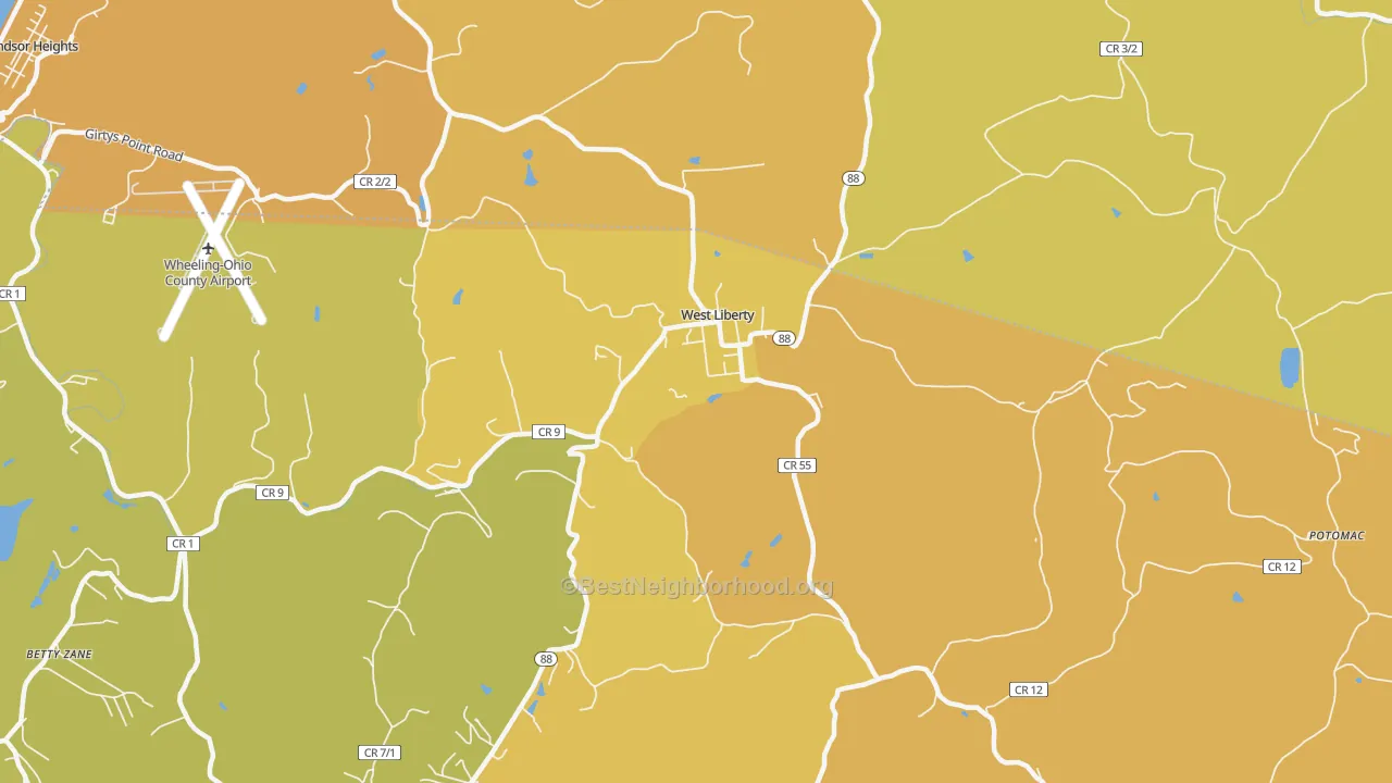 Map of the best neighborhoods in the West Liberty area, with better matches in green and worse matches in red