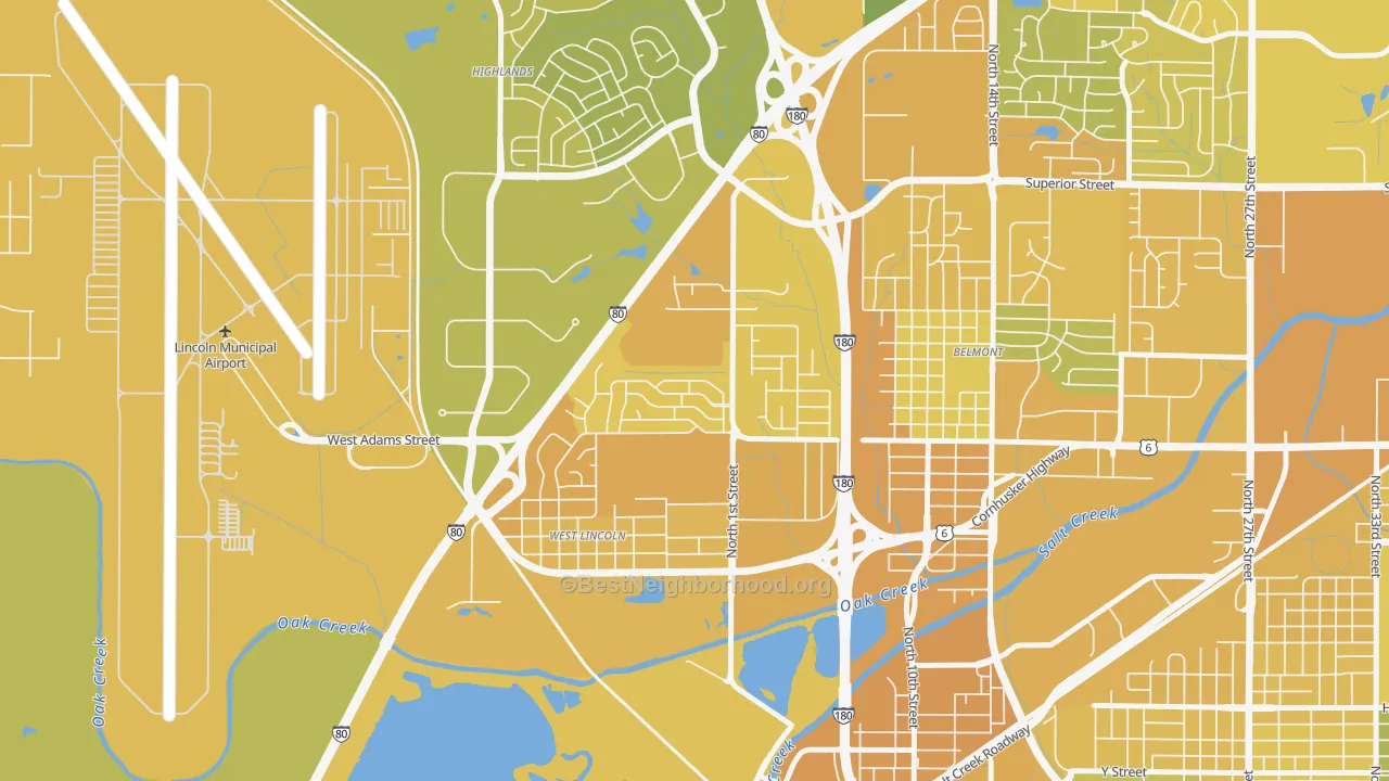 Map of the best neighborhoods in the West Lincoln, Lincoln area, with better matches in green and worse matches in red