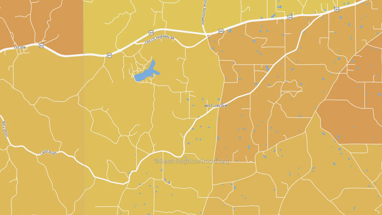 Map of the best neighborhoods in the West Lincoln area, with better matches in green and worse matches in red