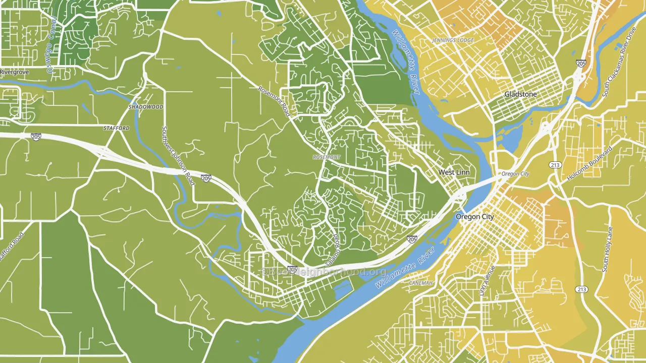 Map of the best neighborhoods in the West Linn area, with better matches in green and worse matches in red